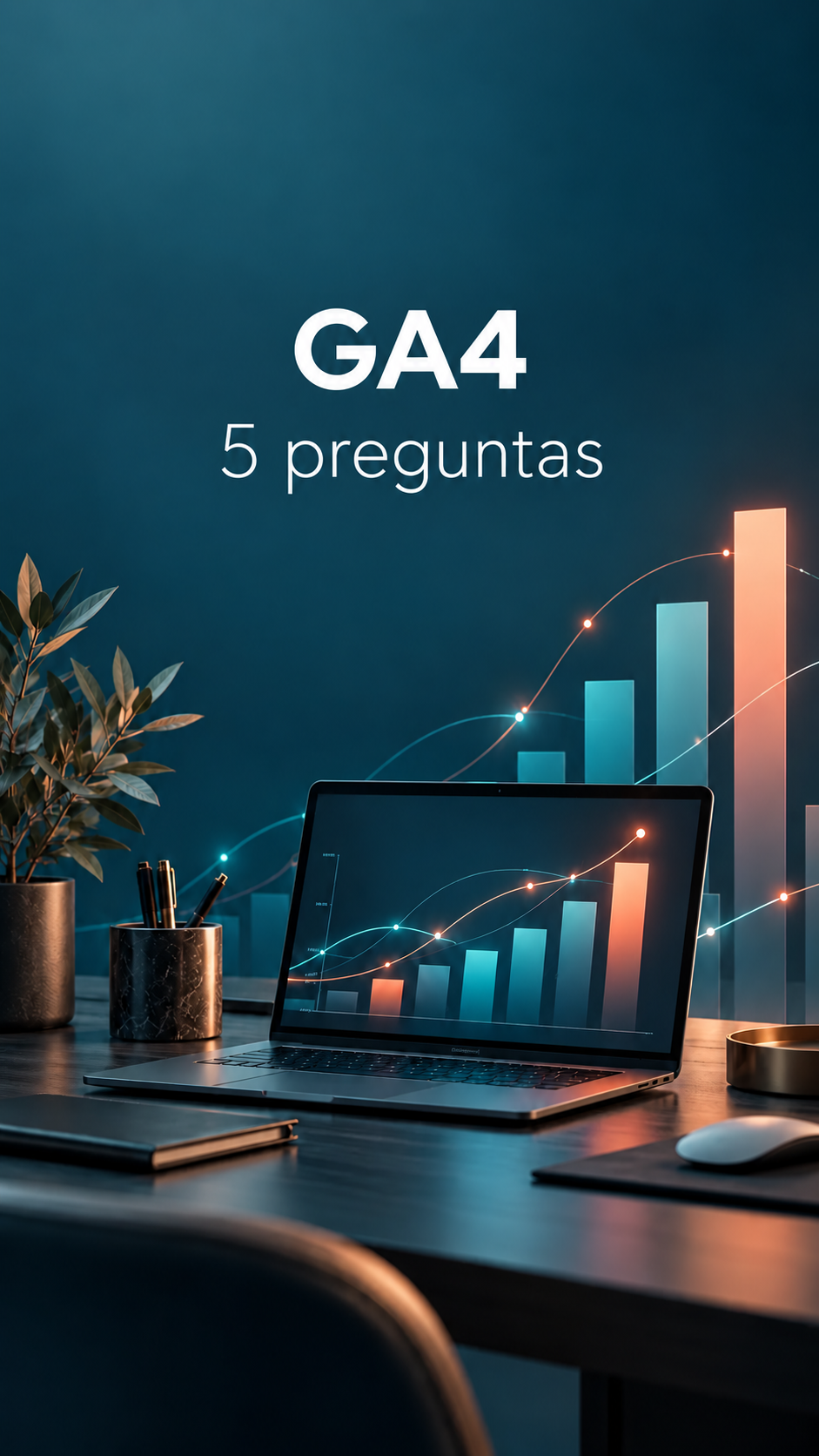 Portada de GA4: 5 preguntas. Un ordenador con gráficos de barras y líneas representa el análisis de datos y resultados.