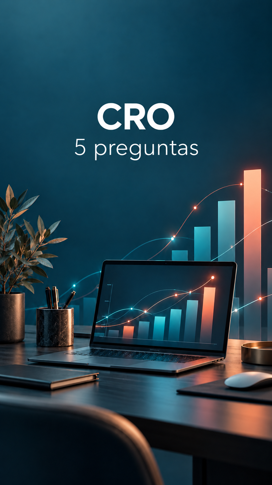 Portada del curso CRO: 5 preguntas antes de lanzar un test. CRO y 5 preguntas sobre una ilustración de un ordenador con gráficos en azul petróleo.