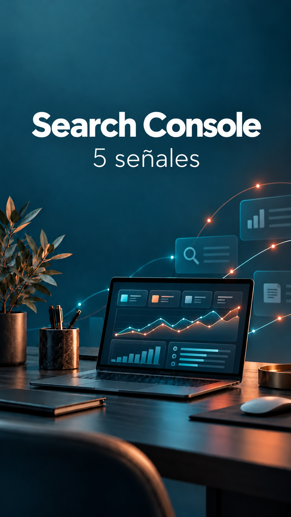 Portada de Search Console: 5 señales. Un portátil muestra tendencias de clics, impresiones y consultas sobre fondo azul petróleo.