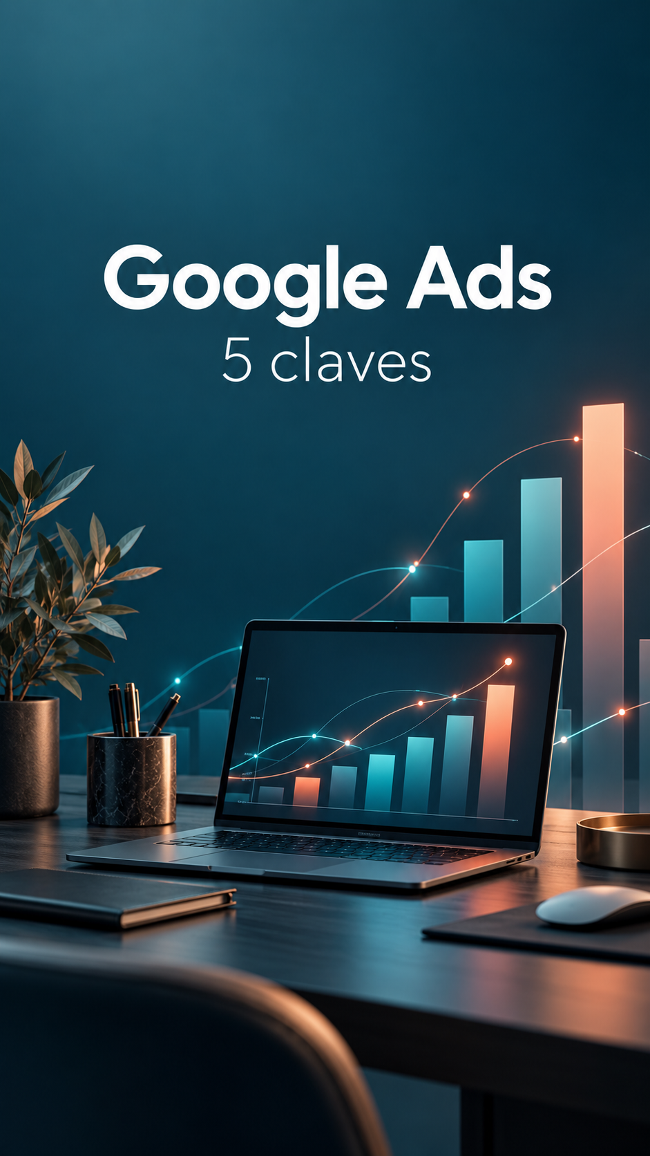 Portada de Google Ads: 5 claves. Un ordenador con gráficos representa el análisis de inversión y resultados.