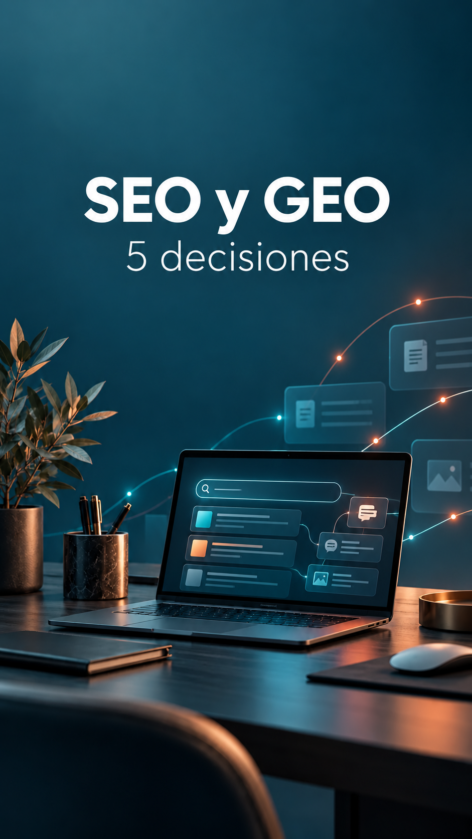 Portada de SEO y GEO: 5 decisiones. Un portátil sobre fondo azul petróleo representa búsqueda y respuestas con fuentes.