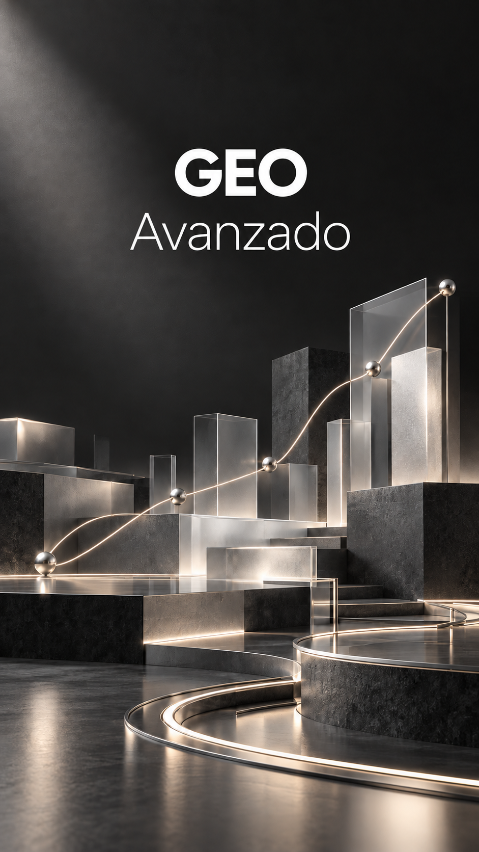 Portada premium de GEO avanzado: arquitectura de cristal y metal sobre fondo grafito; GEO · Avanzado
