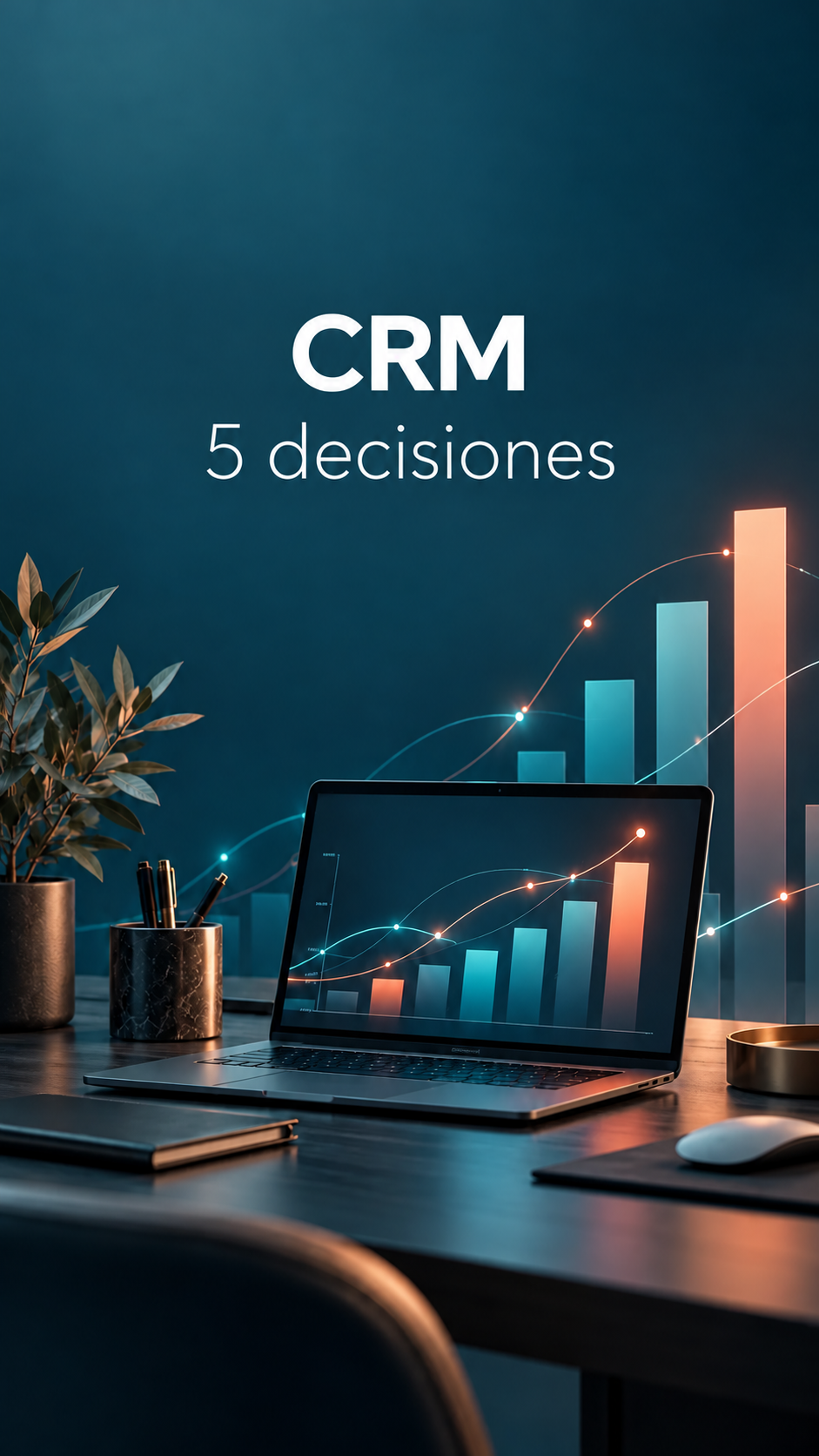 Portada del curso CRM: 5 decisiones antes de automatizar. CRM y 5 decisiones sobre una ilustración de un ordenador con gráficos en azul petróleo.