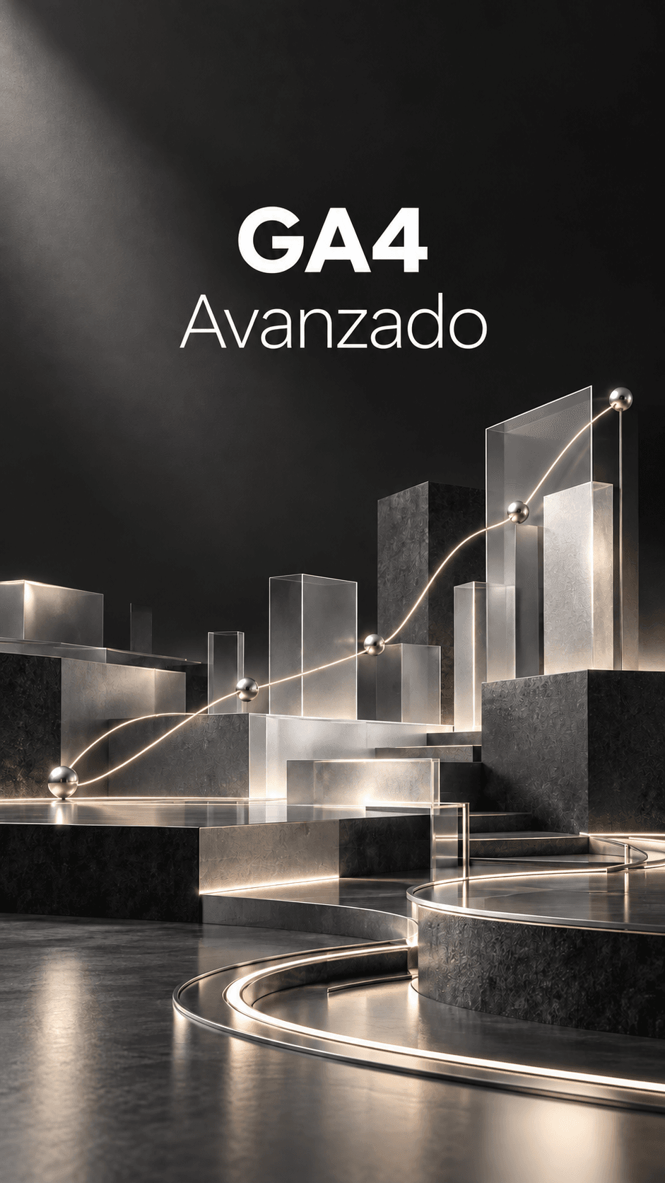 Portada de GA4 avanzado: arquitectura de cristal y metal sobre fondo grafito, con el título GA4 · Avanzado.